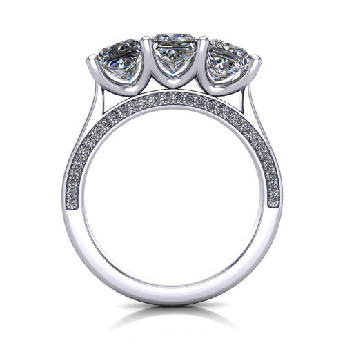 Maryam princess three stone engagement ring in 18K White Gold, through-finger front profile showing the three-stone head and diamond-accented gallery above the pav&eacute; band