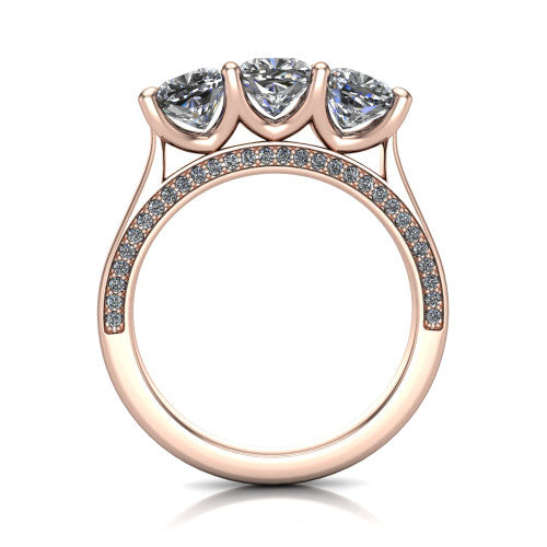 Maryam cushion three stone engagement ring in 14K Rose Gold, through-finger front profile showing the three-stone head and diamond-accented gallery above the pav&eacute; band