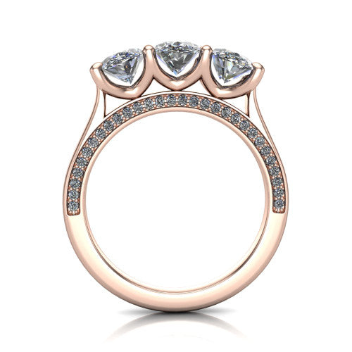 Maryam oval three stone engagement ring in 14K Rose Gold, through-finger front profile showing the three-stone head and diamond-accented gallery above the pav&eacute; band