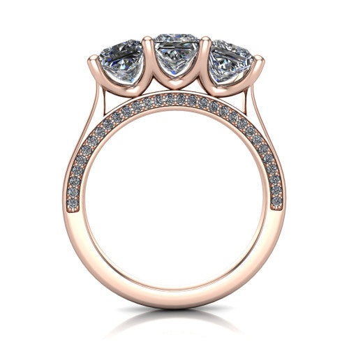 Maryam princess three stone engagement ring in 14K Rose Gold, side profile showing the pav&eacute; band with milgrain edges and the raised three-stone setting