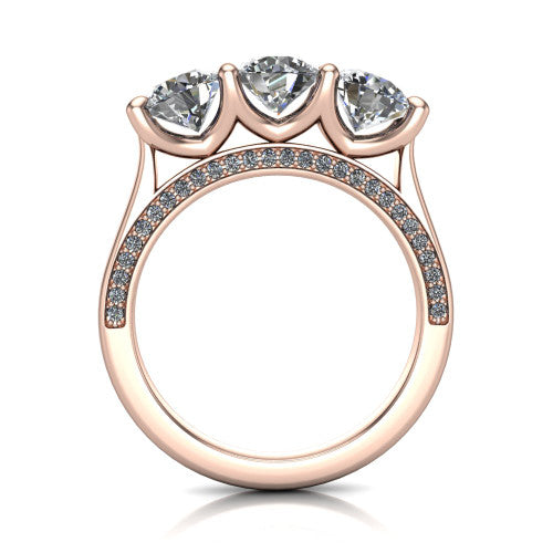 Maryam round three stone engagement ring in 14K Rose Gold, through-finger front profile showing the three-stone head and diamond-accented gallery above the pav&eacute; band