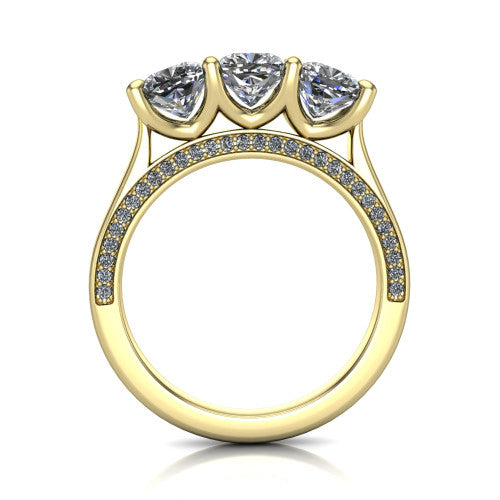 Maryam cushion three stone engagement ring in 14K Yellow Gold, through-finger front profile showing the three-stone head and diamond-accented gallery above the pav&eacute; band