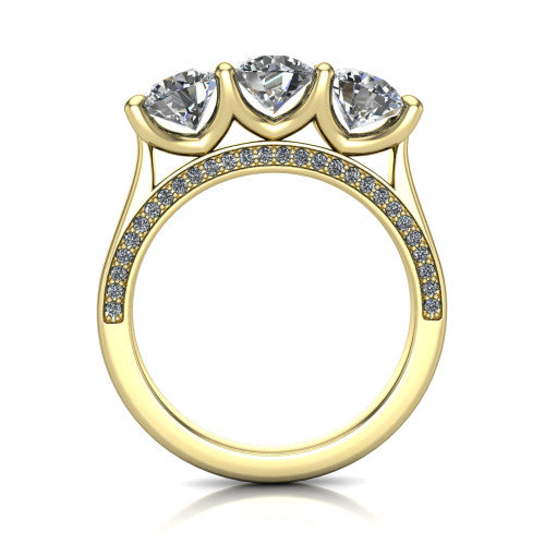 Maryam round three stone engagement ring in 18K Yellow Gold, through-finger front profile showing the three-stone head and diamond-accented gallery above the pav&eacute; band