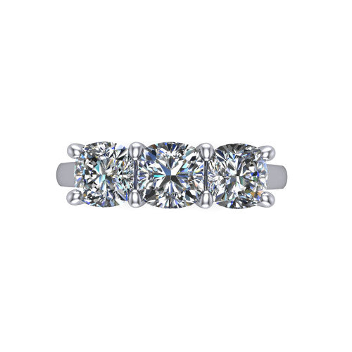 Maryam cushion three stone engagement ring in 14K White Gold, top-down view showing the trio of cushion stones set in a row