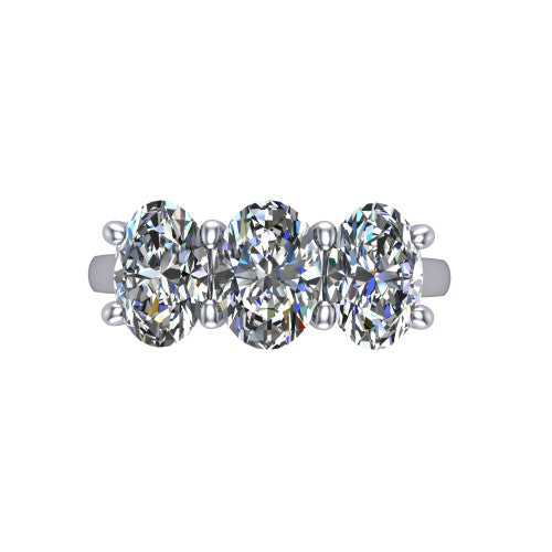 Maryam oval three stone engagement ring in Platinum, top-down view showing the trio of oval stones set in a row