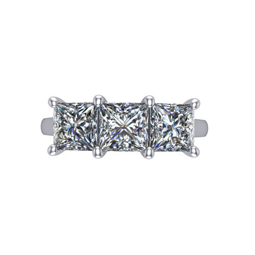 Maryam princess three stone engagement ring in 18K White Gold, top-down view showing the trio of princess stones set in a row