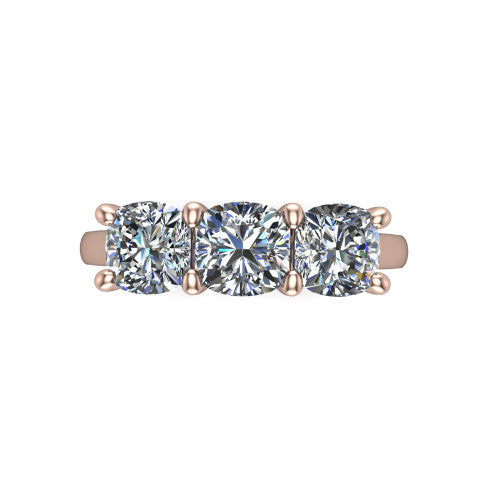 Maryam cushion three stone engagement ring in 18K Rose Gold, top-down view showing the trio of cushion stones set in a row