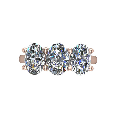 Maryam oval three stone engagement ring in 14K Rose Gold, top-down view showing the trio of oval stones set in a row