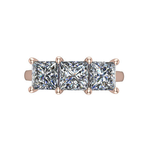 Maryam princess three stone engagement ring in 18K Rose Gold, through-finger front profile showing the three-stone head and diamond-accented gallery above the pav&eacute; band