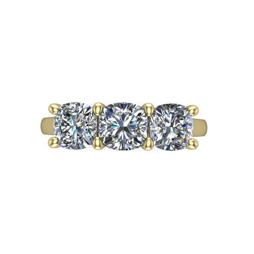 Maryam cushion three stone engagement ring in 14K Yellow Gold, top-down view showing the trio of cushion stones set in a row
