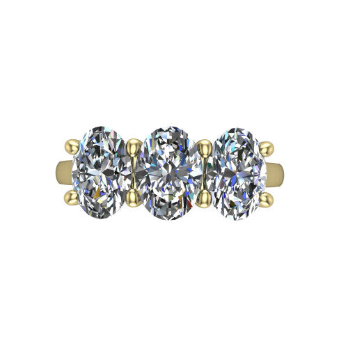 Maryam oval three stone engagement ring in 18K Yellow Gold, top-down view showing the trio of oval stones set in a row