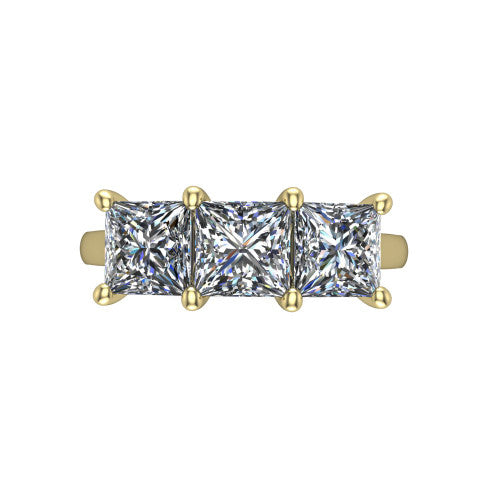 Maryam princess three stone engagement ring in 18K Yellow Gold, top-down view showing the trio of princess stones set in a row