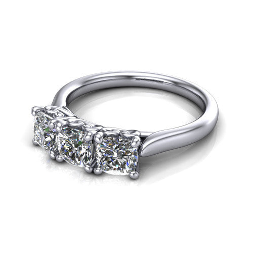 Amora cushion three stone engagement ring in 14K White Gold, three-quarter perspective showing three cushion diamonds set side by side above a plain band