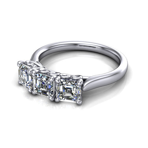 Amora square emerald three stone engagement ring in 14K White Gold, three-quarter perspective showing three square emerald diamonds set side by side above a plain band