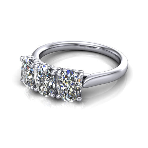 Amora oval three stone engagement ring in Platinum, three-quarter perspective showing three oval diamonds set side by side above a plain band