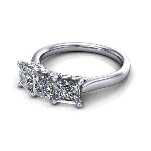 Amora princess three stone engagement ring in Platinum, three-quarter perspective showing three princess diamonds set side by side above a plain band