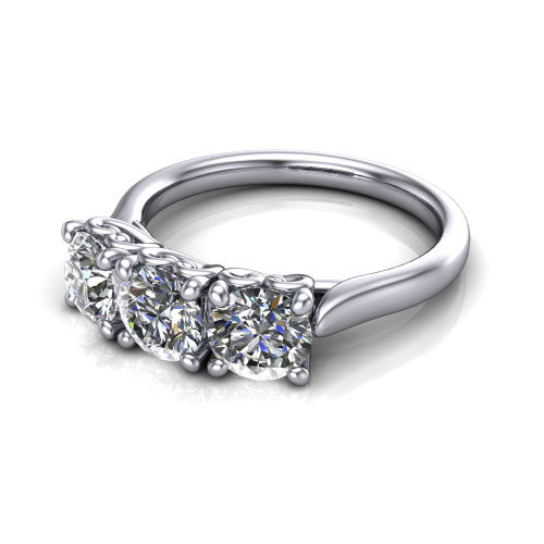 Amora round three stone engagement ring in Platinum, three-quarter perspective showing three round diamonds set side by side above a plain band