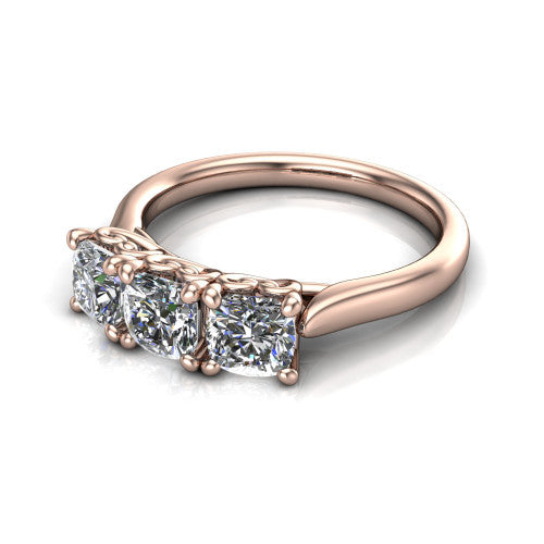 Amora cushion three stone engagement ring in 14K Rose Gold, three-quarter perspective showing three cushion diamonds set side by side above a plain band