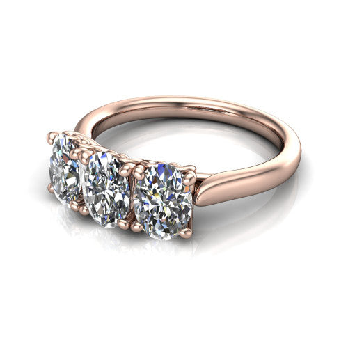 Amora oval three stone engagement ring in 18K Rose Gold, three-quarter perspective showing three oval diamonds set side by side above a plain band