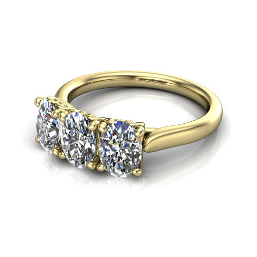 Amora oval three stone engagement ring in 14K Yellow Gold, three-quarter perspective showing three oval diamonds set side by side above a plain band