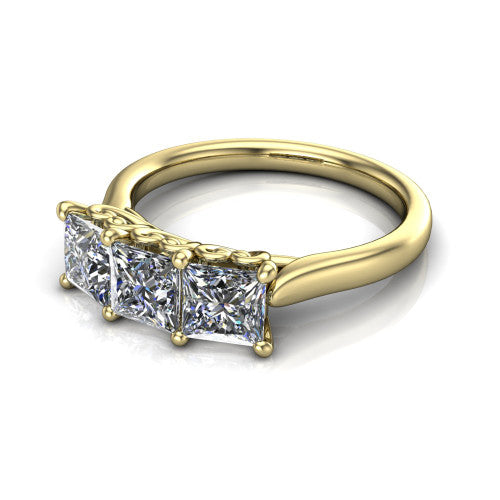 Amora princess three stone engagement ring in 14K Yellow Gold, three-quarter perspective showing three princess diamonds set side by side above a plain band