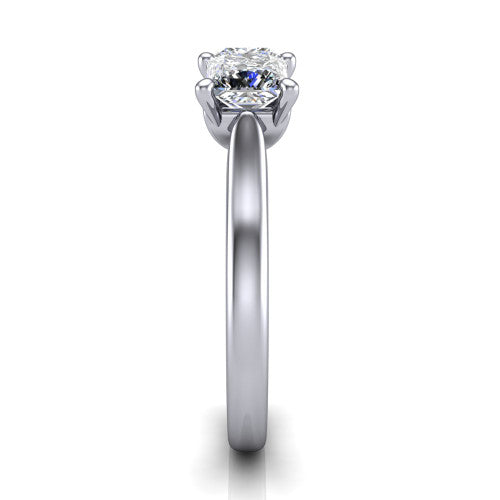 Amora princess three stone engagement ring in 14K White Gold, side profile showing the plain polished band and the raised three-stone setting