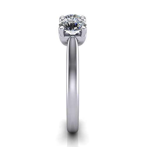 Amora round three stone engagement ring in 14K White Gold, side profile showing the plain polished band and the raised three-stone setting