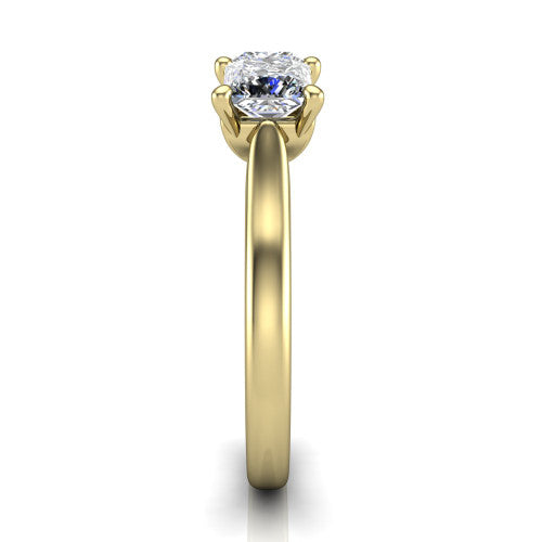Amora princess three stone engagement ring in 14K Yellow Gold, side profile showing the plain polished band and the raised three-stone setting
