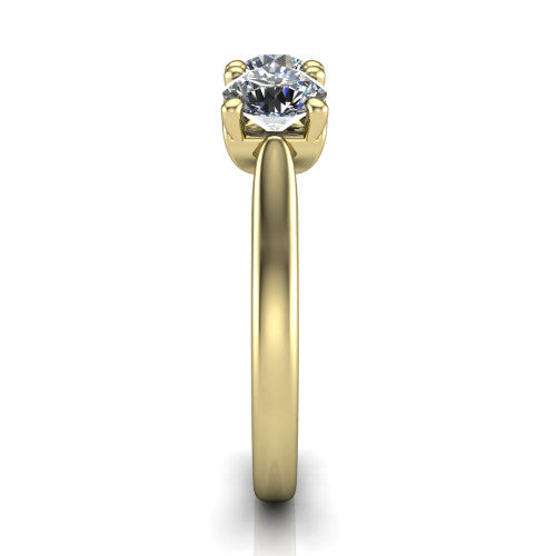 Amora round three stone engagement ring in 14K Yellow Gold, side profile showing the plain polished band and the raised three-stone setting