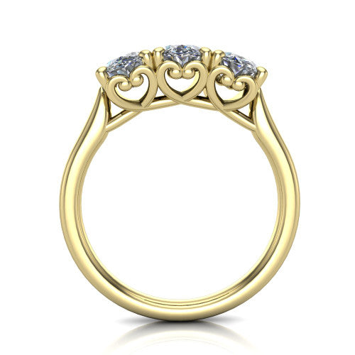 Amora oval three stone engagement ring in 18K Yellow Gold, through-finger side profile showing the heart filigree scroll gallery beneath the three stones