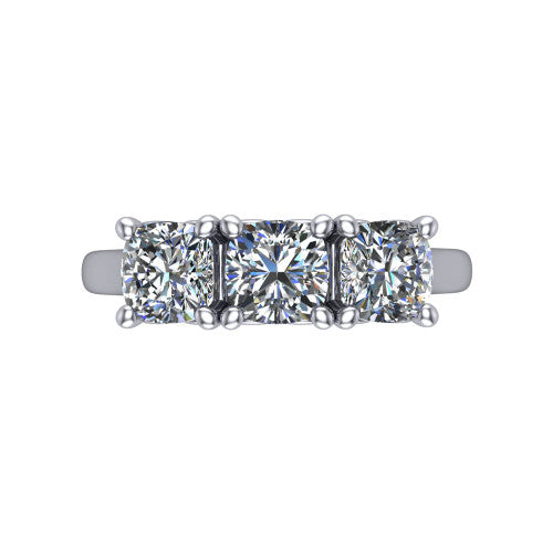 Amora cushion three stone engagement ring in Platinum, top-down view showing the trio of cushion stones set in a row