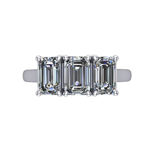 Amora emerald three stone engagement ring in 14K White Gold, top-down view showing the trio of emerald stones set in a row