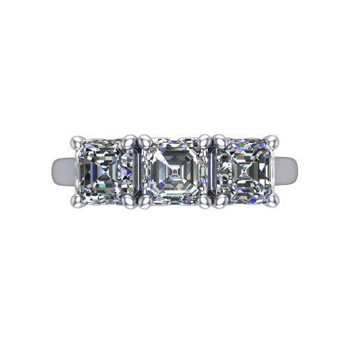 Amora square emerald three stone engagement ring in Platinum, top-down view showing the trio of square emerald stones set in a row