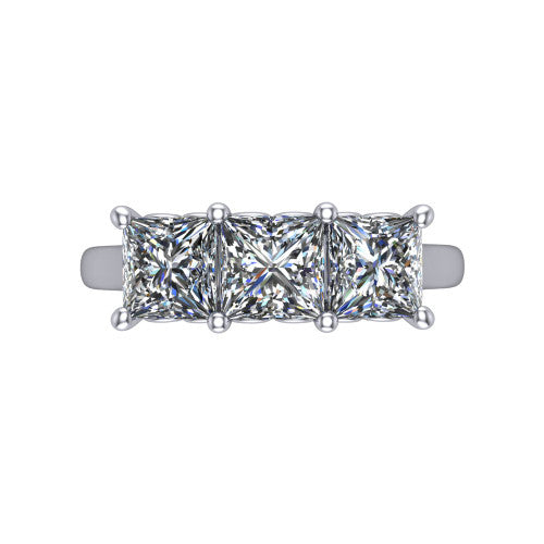 Amora princess three stone engagement ring in 18K White Gold, top-down view showing the trio of princess stones set in a row