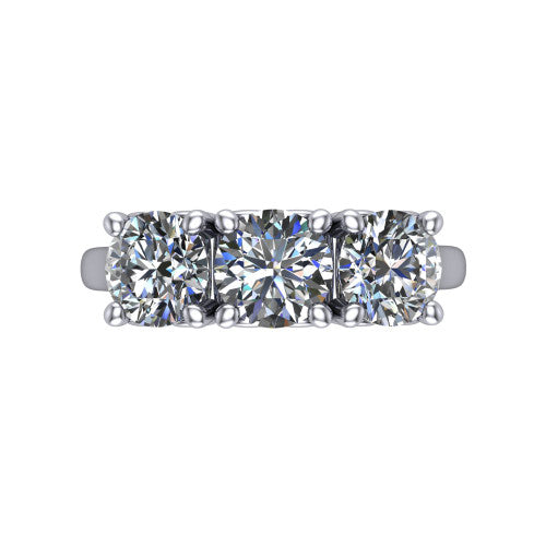 Amora round three stone engagement ring in 18K White Gold, top-down view showing the trio of round stones set in a row