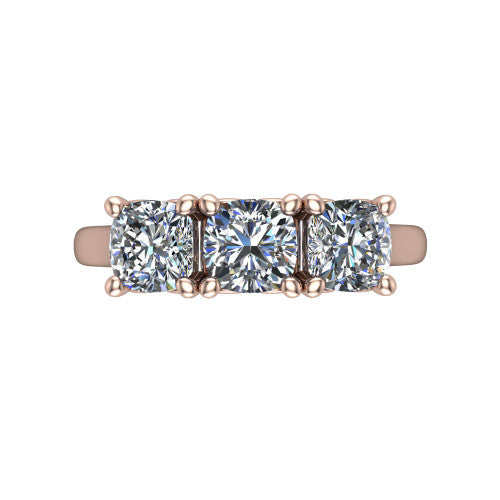 Amora cushion three stone engagement ring in 14K Rose Gold, top-down view showing the trio of cushion stones set in a row