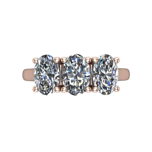 Amora oval three stone engagement ring in 18K Rose Gold, top-down view showing the trio of oval stones set in a row