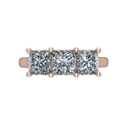 Amora princess three stone engagement ring in 14K Rose Gold, top-down view showing the trio of princess stones set in a row