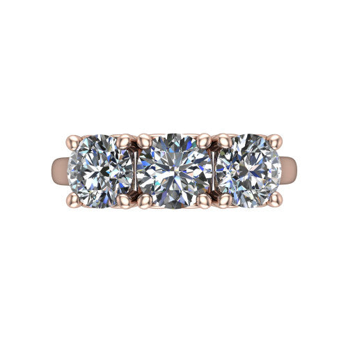 Amora round three stone engagement ring in 14K Rose Gold, top-down view showing the trio of round stones set in a row