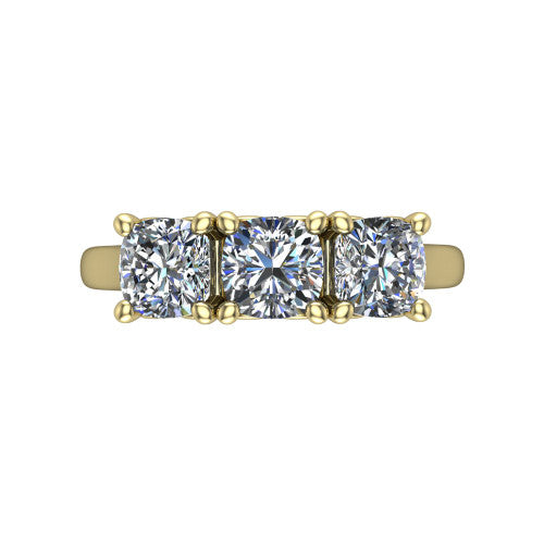 Amora cushion three stone engagement ring in 18K Yellow Gold, top-down view showing the trio of cushion stones set in a row