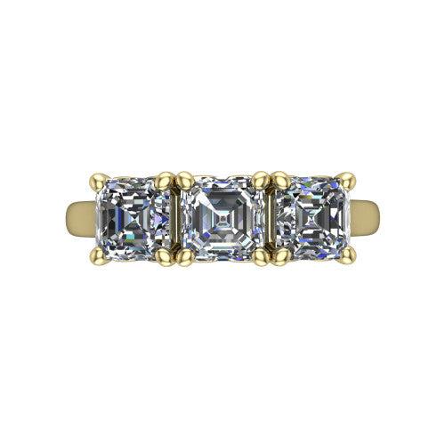Amora square emerald three stone engagement ring in 14K Yellow Gold, top-down view showing the trio of square emerald stones set in a row