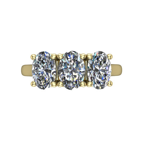 Amora oval three stone engagement ring in 18K Yellow Gold, top-down view showing the trio of oval stones set in a row
