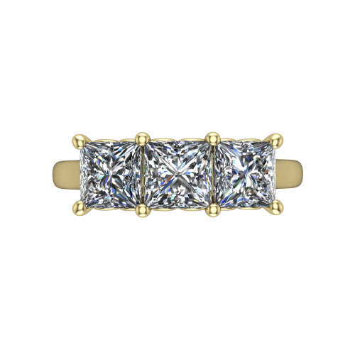 Amora princess three stone engagement ring in 14K Yellow Gold, top-down view showing the trio of princess stones set in a row