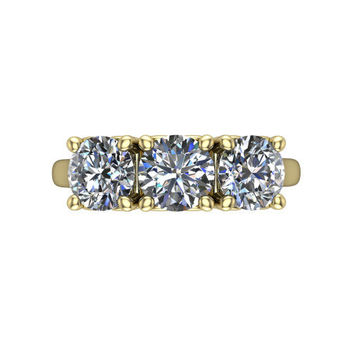 Amora round three stone engagement ring in 14K Yellow Gold, top-down view showing the trio of round stones set in a row