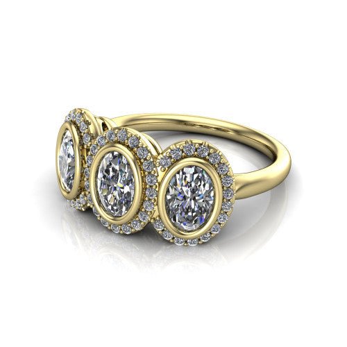 Lorelei oval three stone halo engagement ring in 14K Yellow Gold, three-quarter perspective showing three oval stones each in a squared pav&eacute; halo above a plain band
