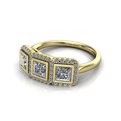 Lorelei princess three stone halo engagement ring in 14K Yellow Gold, three-quarter perspective showing three princess stones each in a squared pav&eacute; halo above a plain band