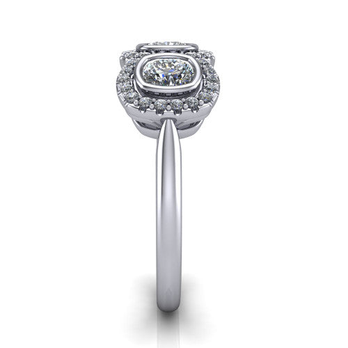Lorelei cushion three stone halo engagement ring in 18K White Gold, side profile showing the plain polished band and the three-stone halo in profile