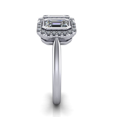 Lorelei emerald three stone halo engagement ring in 14K White Gold, side profile showing the plain polished band and the three-stone halo in profile