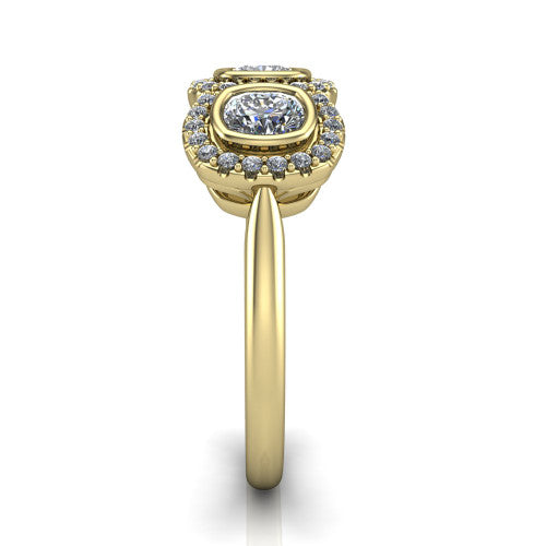 Lorelei cushion three stone halo engagement ring in 14K Yellow Gold, side profile showing the plain polished band and the three-stone halo in profile
