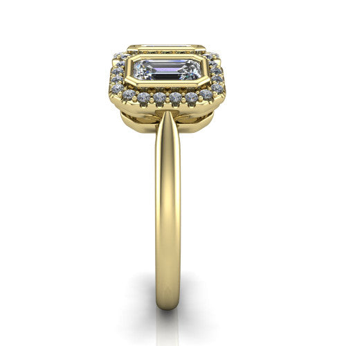 Lorelei emerald three stone halo engagement ring in 14K Yellow Gold, side profile showing the plain polished band and the three-stone halo in profile
